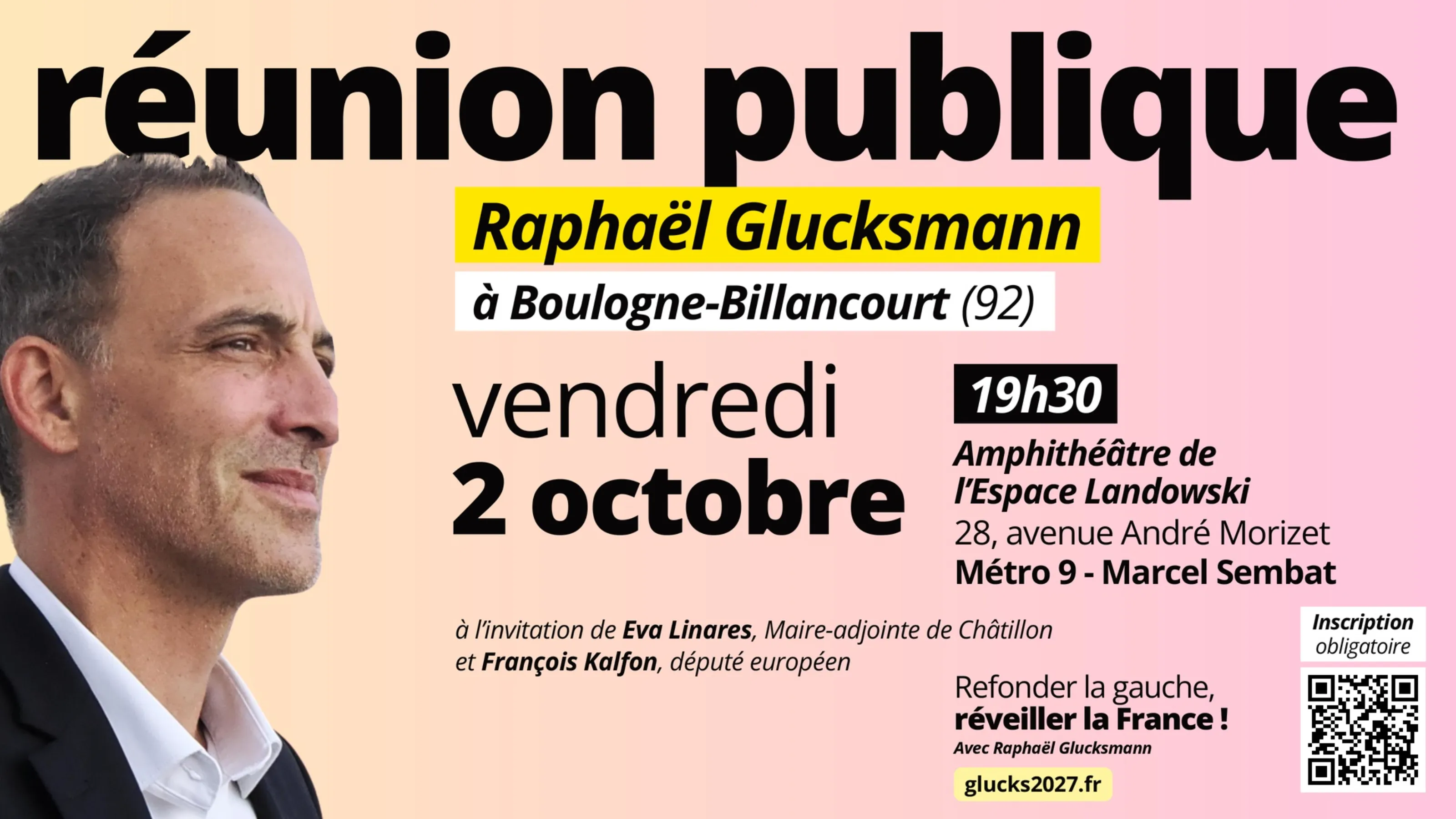 Grande réunion publique à Boulogne le 2/10 en présence de Raphaël Glucksmann